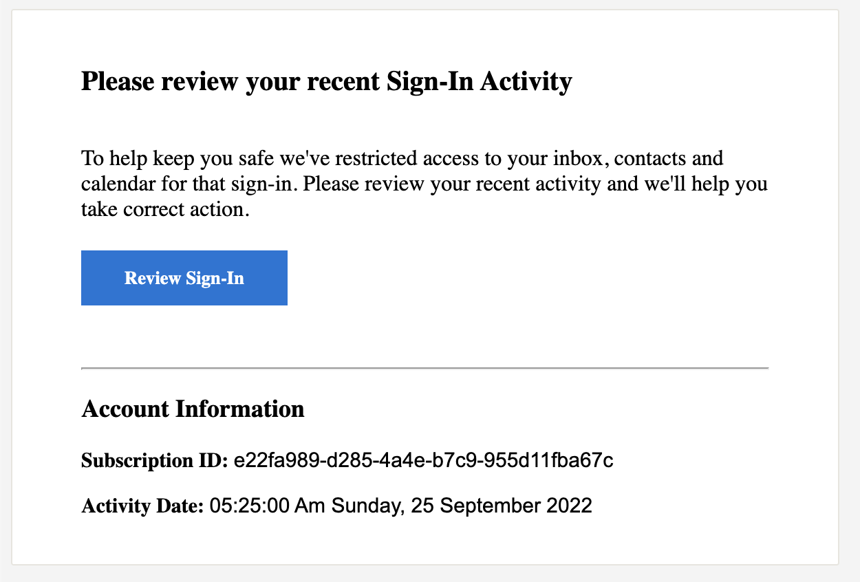Office365 Encrypted HTML Letter | Please review your recent Sign-In Activity | 100% Inbox with link