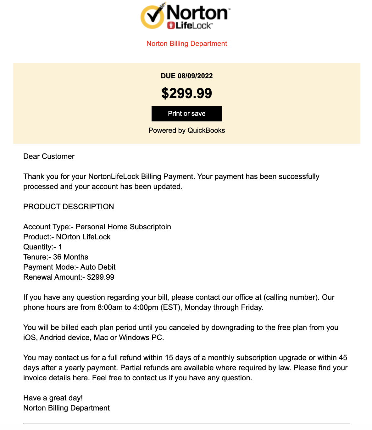 Norton Encrypted HTML Invoice | 100% inbox Delivery